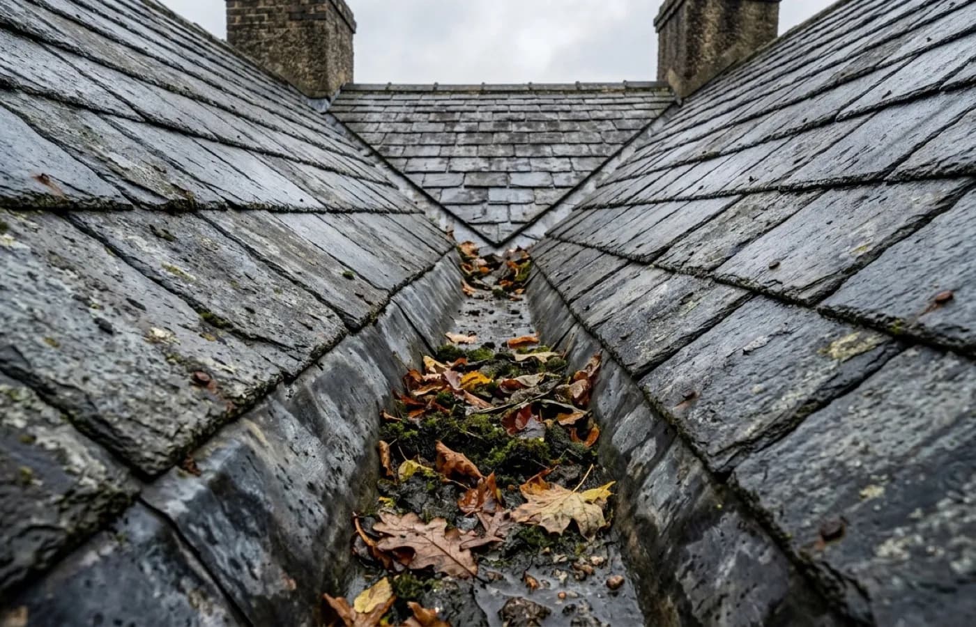 A lead valley gutter between two slate roof slopes, silted with moss and leaf litter where water can back up under the slate unseen