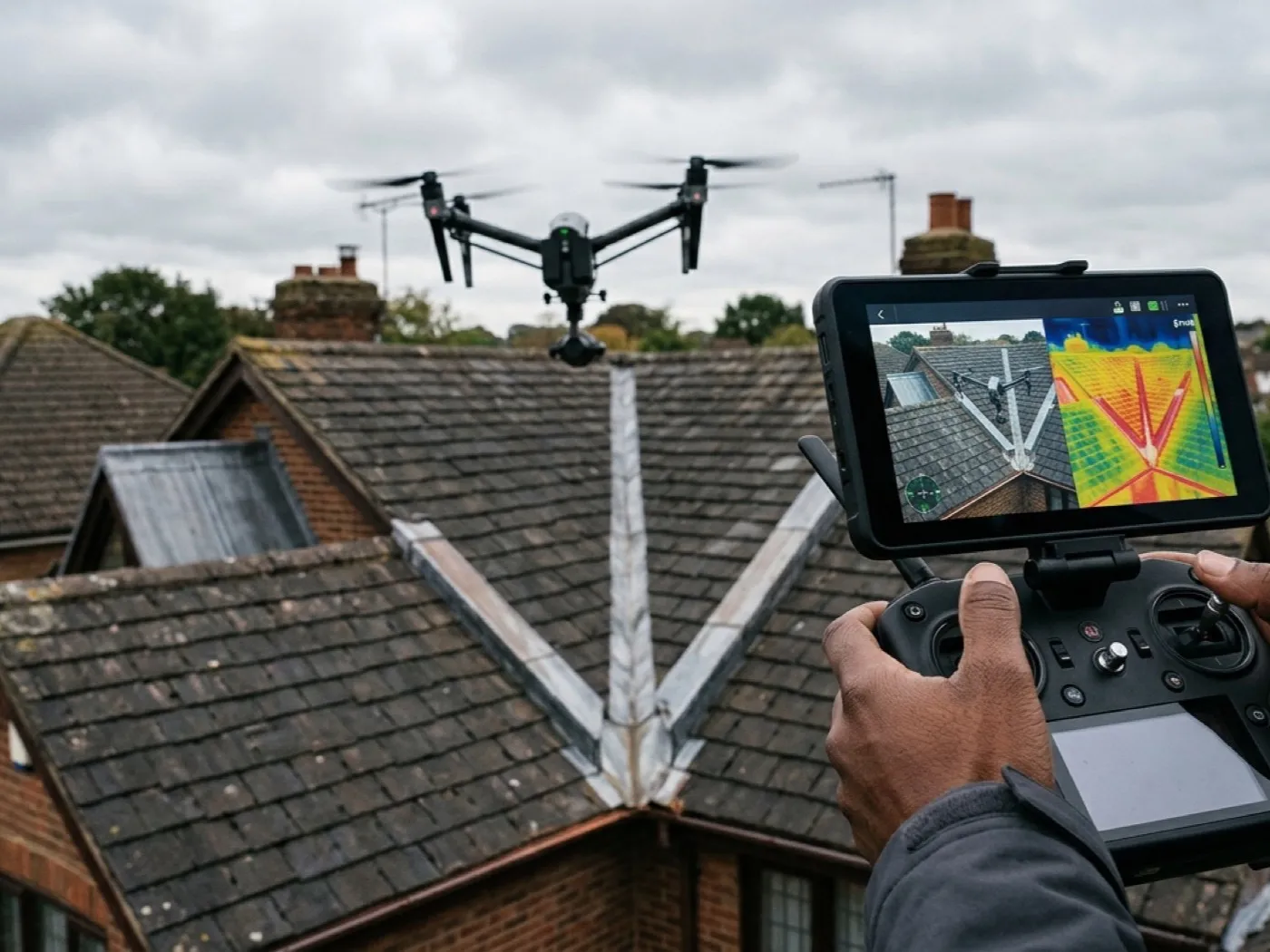 A drone hovering above a roof valley with a visual image and a thermal image of the same detail shown side by side on a controller screen